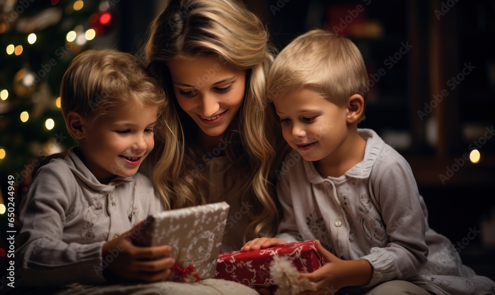 Mother and kids sitting around the christmas tree with christmas present.