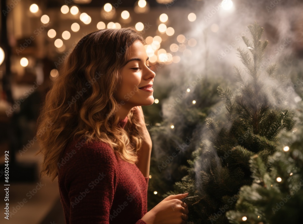 Beautiful woman smelling christmas tree at holiday shop