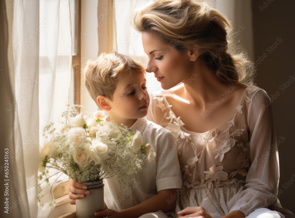 Mother with son with flowers