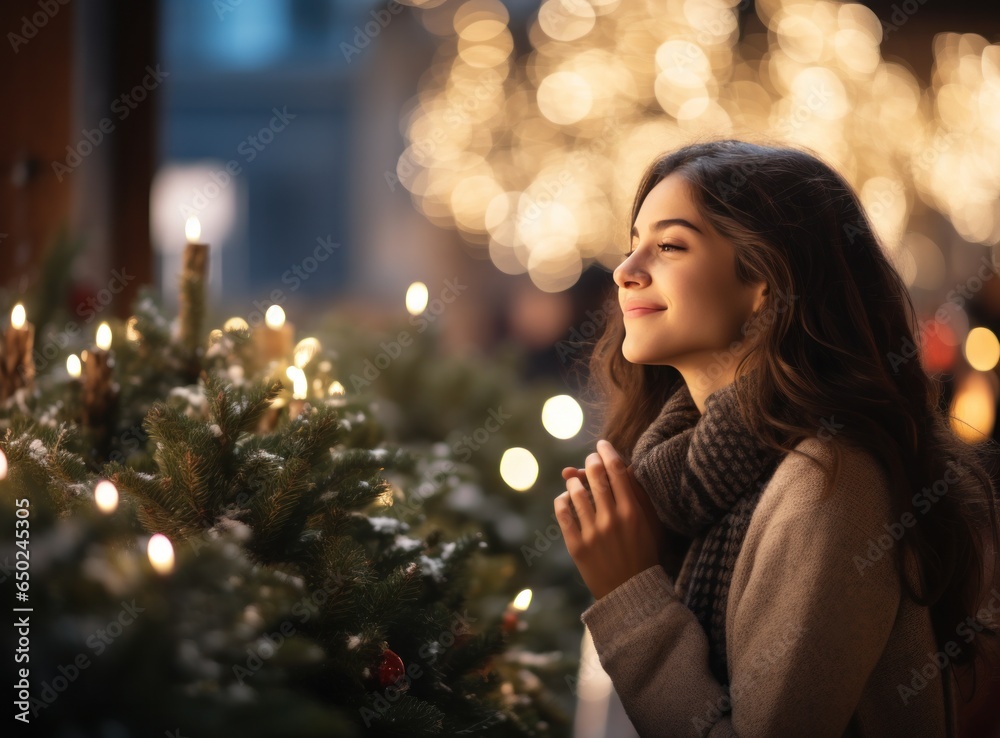 Beautiful woman smelling christmas tree at holiday shop