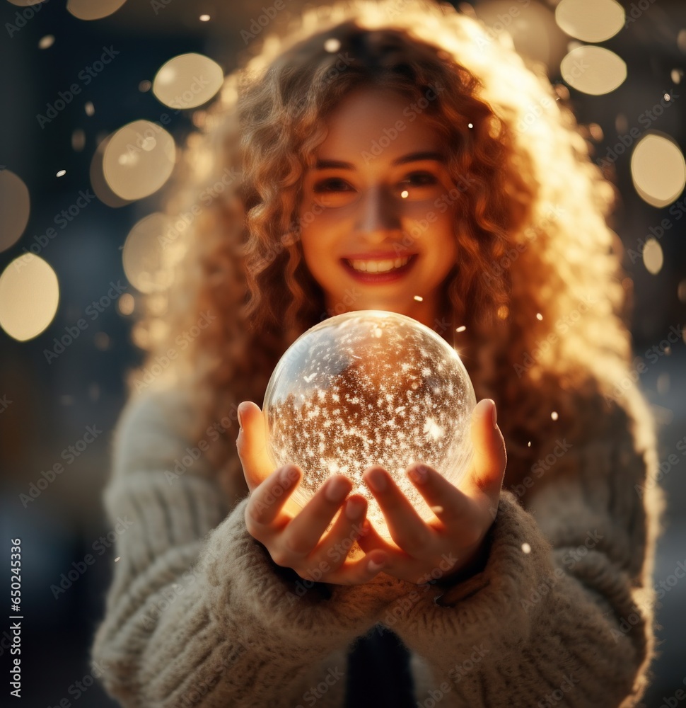 Happy woman holding a sparkling christmas ball in her hands