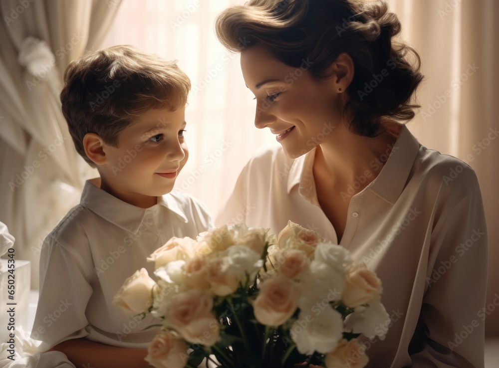 Mother with son with flowers