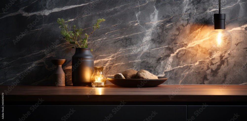 Marble countertop with lamp in dark hallway