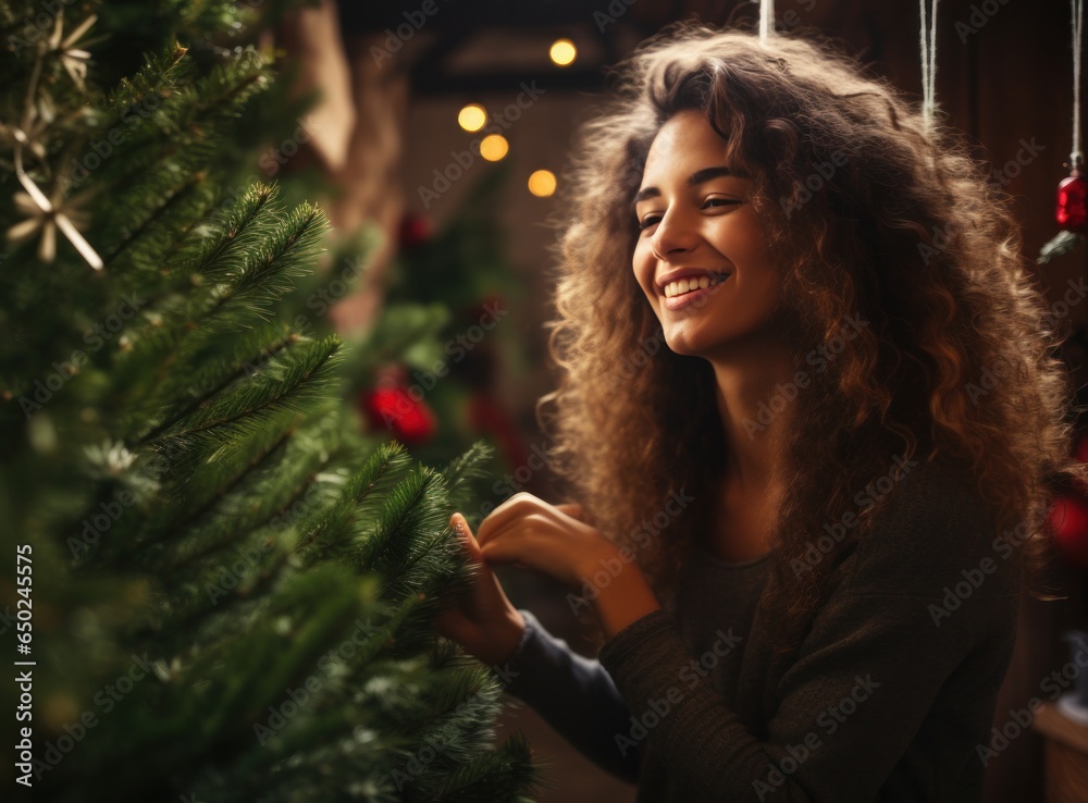 Beautiful woman smelling christmas tree at holiday shop