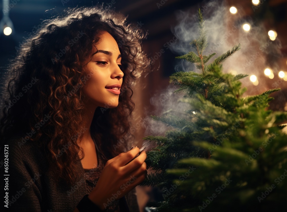 Beautiful woman smelling christmas tree at holiday shop