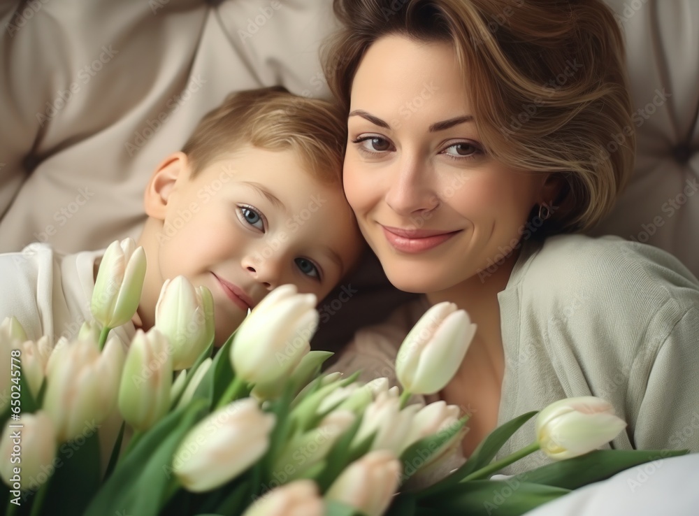 Mother with son with flowers