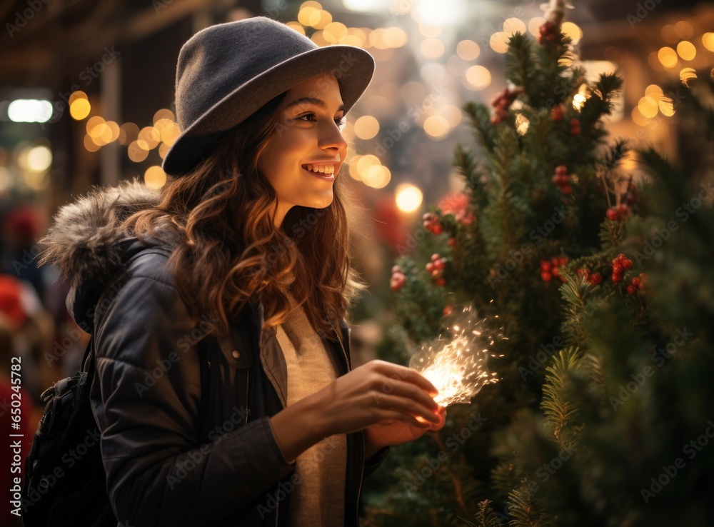 Beautiful woman smelling christmas tree at holiday shop