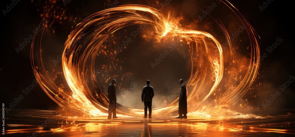 Two men walking in a circle with flame on black background