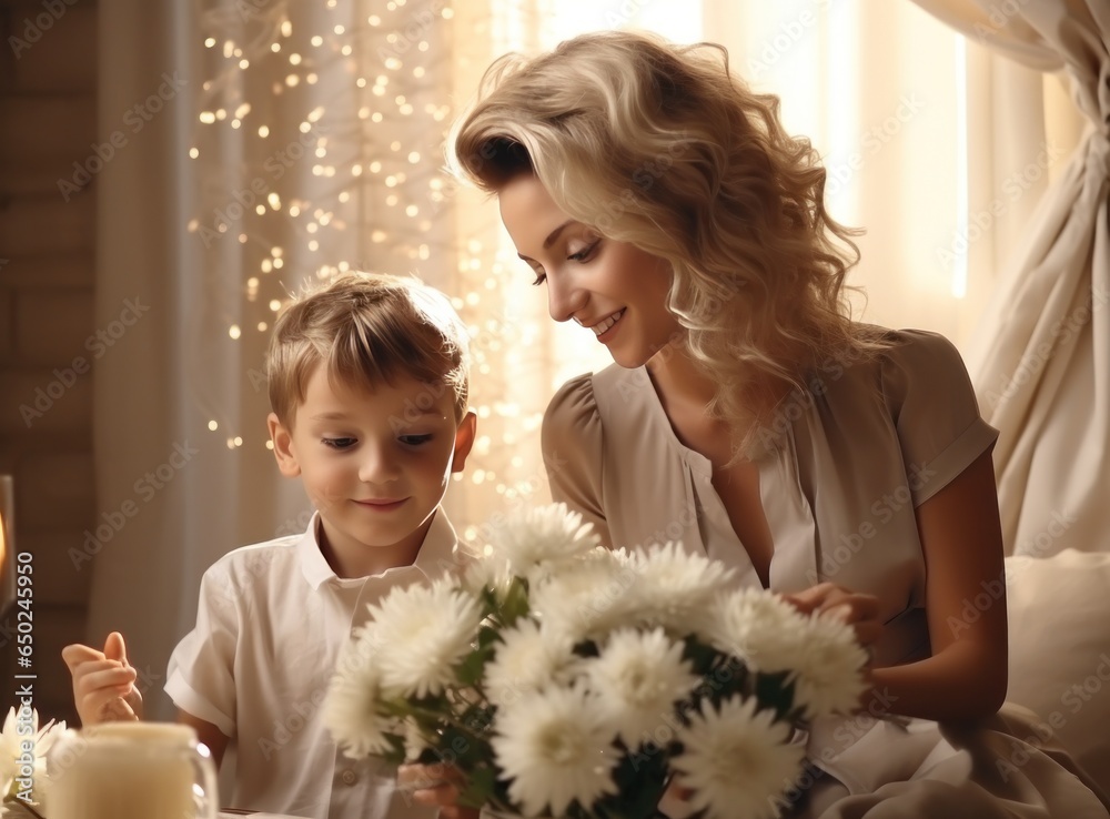 Mother with son with flowers