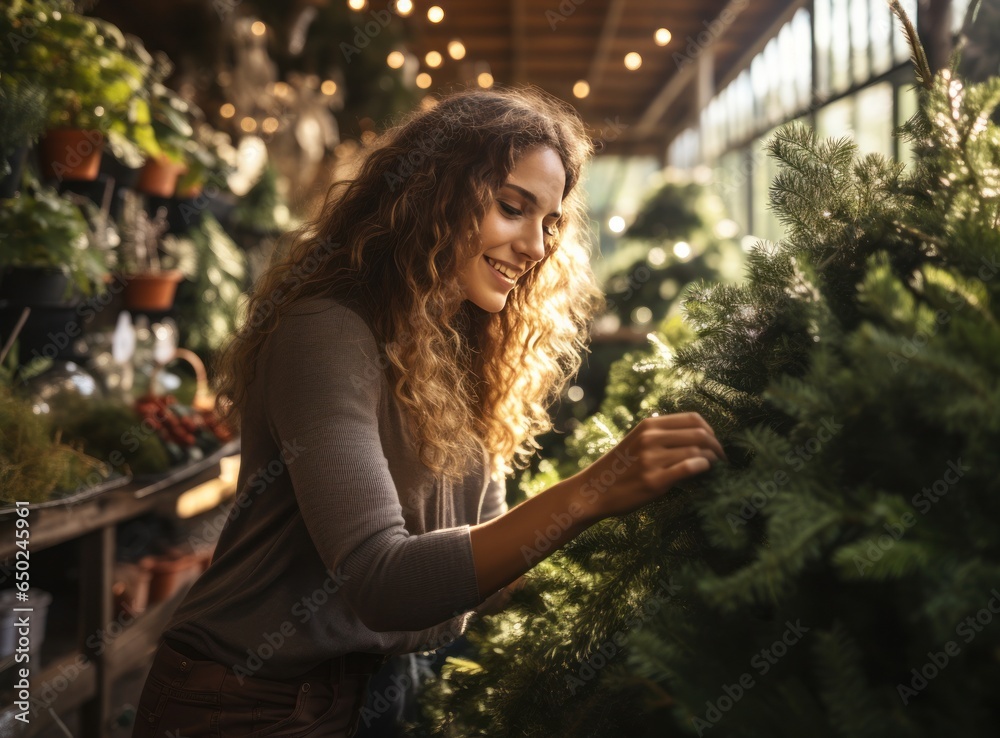 Beautiful woman smelling christmas tree at holiday shop