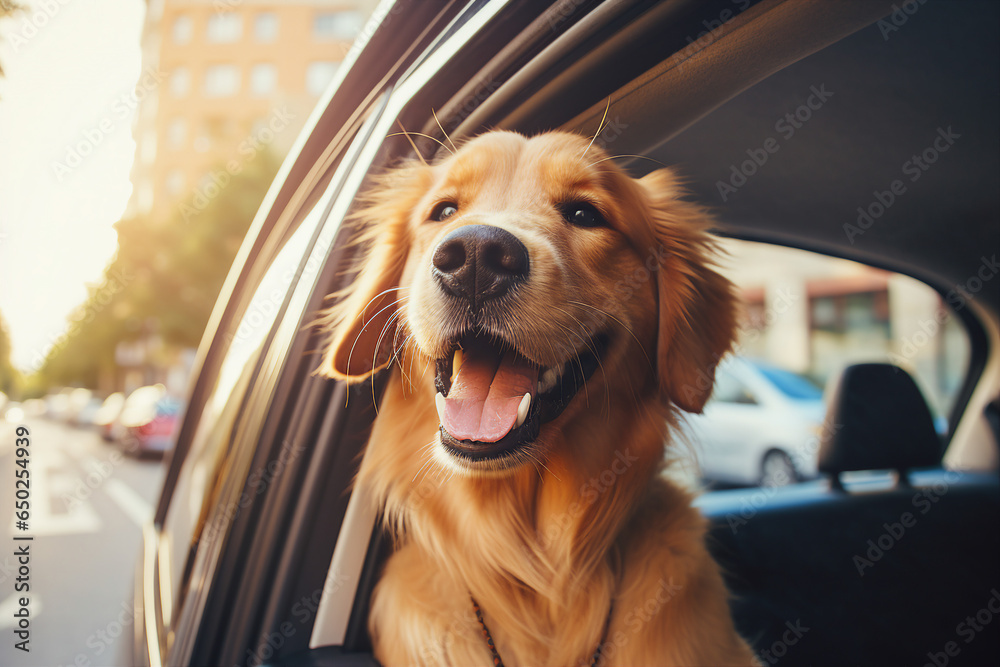 Adorable cute fluffy dog looking from car window riding fast enjoying summer vacation trip generated AI photo