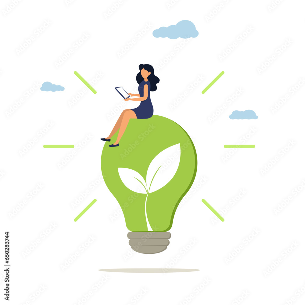 Caring for the environment in the office, environmental company culture. Business woman working with laptop on green light bulb. Illustration