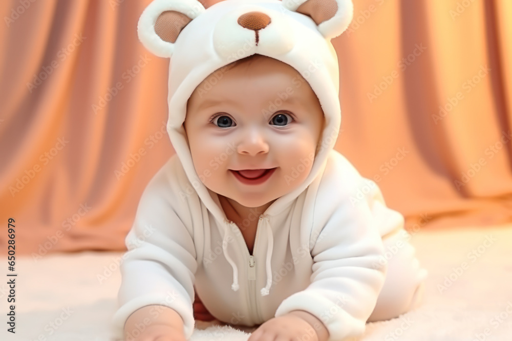 Portrait of a cute little baby in a white bear costume.