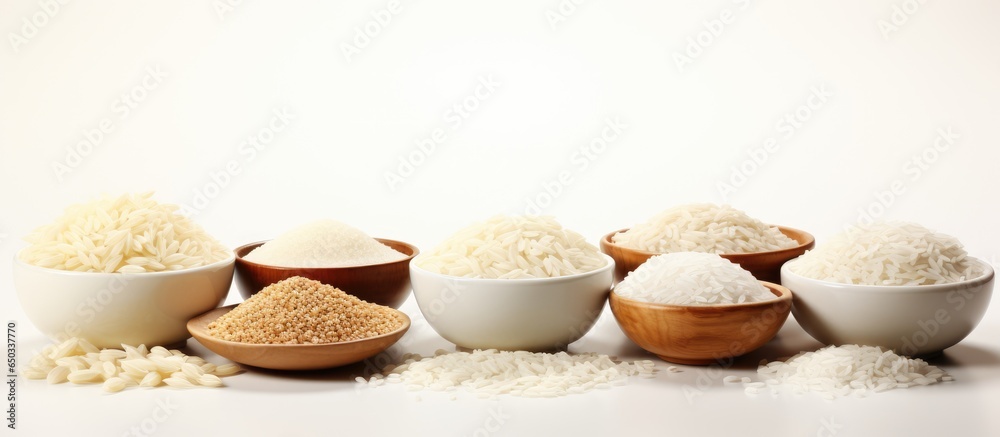 Uncooked rice bowls on white background with text sample