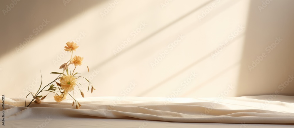 Neutral beige linen texture pleated tablecloth with floral shadows and copy space