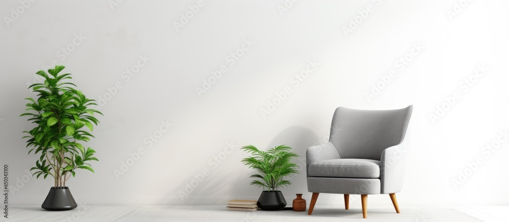 Contemporary interior design with minimalistic elements including gray furniture and a touch of vintage A cozy living room features an armchair a table with a potted plant and a round carpet