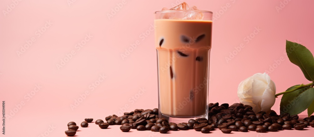 Creamy iced coffee with beans on a pink backdrop