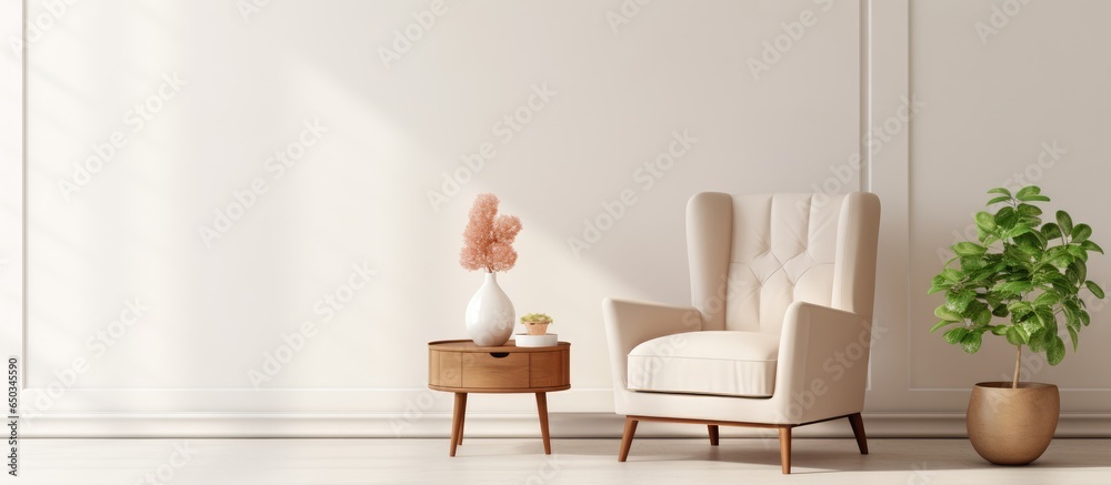 Classic art deco style armchair and decor in white apartment living room with white wall backdrop