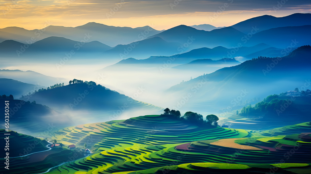 Beautiful aerial View of hilly landscape in morning mist with sun rays