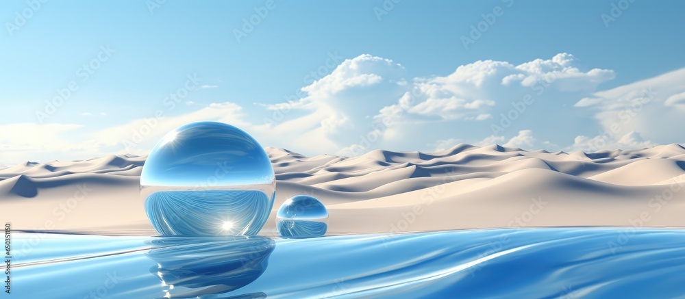 Surreal desert landscape with sand dunes water and shiny chrome spheres in clear sky created using