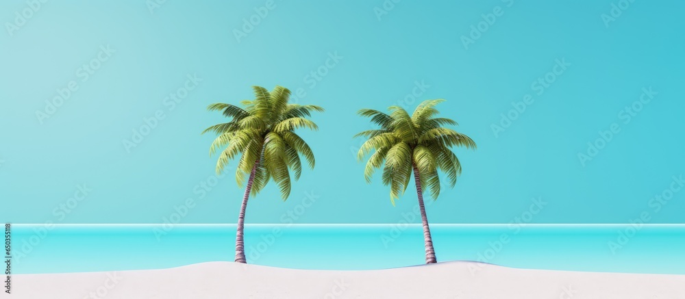 beach scene with coconut trees sand and blue background representing summer