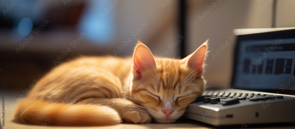 Ginger cat sleeps at home near keypad Red kitten lies on table Stay home work home