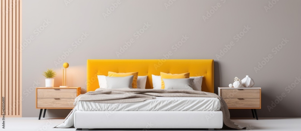 Minimalist illustration of a contemporary bedroom with white and yellow wooden headboard velvet bed and matching bedding pillows and carpet