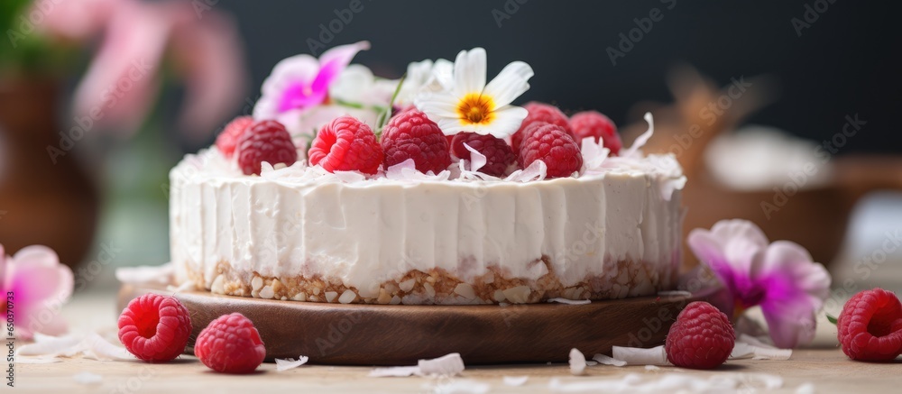 Vegan no bake cheesecake with coconut milk raspberries and coconut flakes on a marble cake stand with flowers in the background