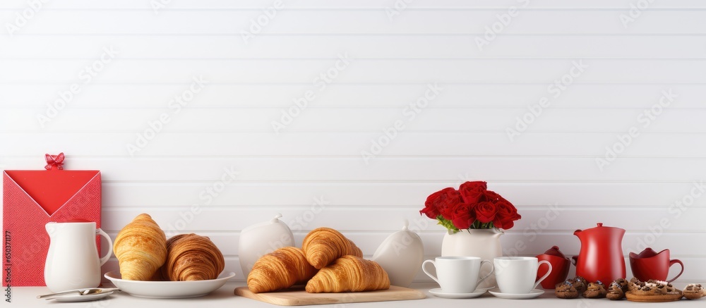 Valentine s Day celebration near light wall with croissant cups gift box and decor