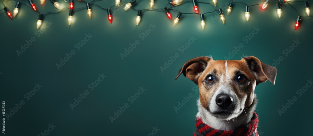 Christmas and New Year theme with a dog in reindeer antlers on plain green background