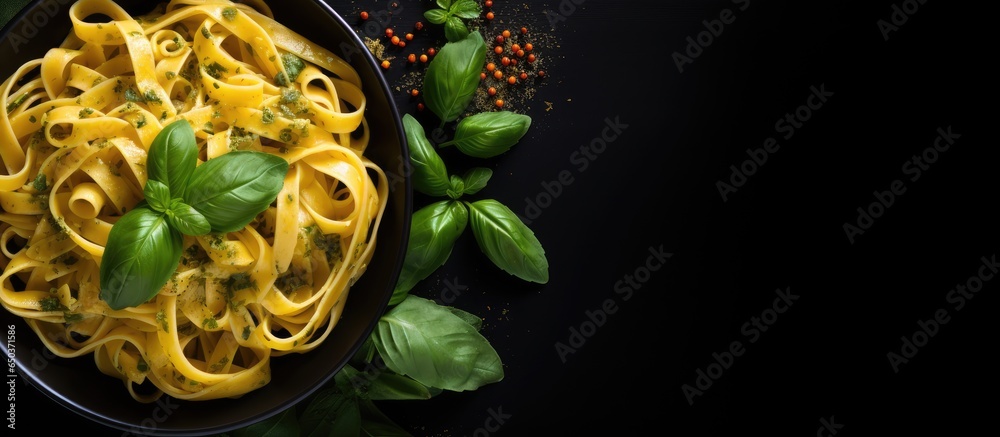 Top view of black bowl with tagliatelle pasta pesto sauce and basil leaves Copy space available