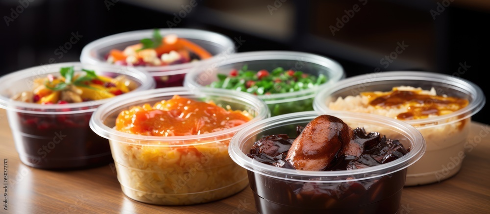 To go plastic containers hold many prepared entrees ready for takeout in a restaurant