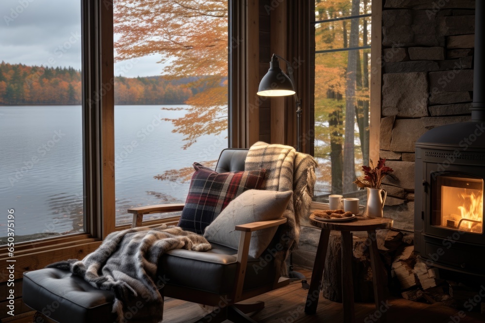 Cozy interior of a room in a wooden cabin house located on a lake