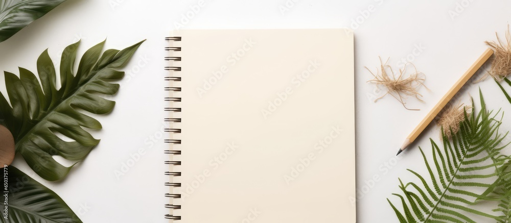 Beige concrete background with office desk workspace including blank paper notebooks and decorations Top view flat lay for business or work template