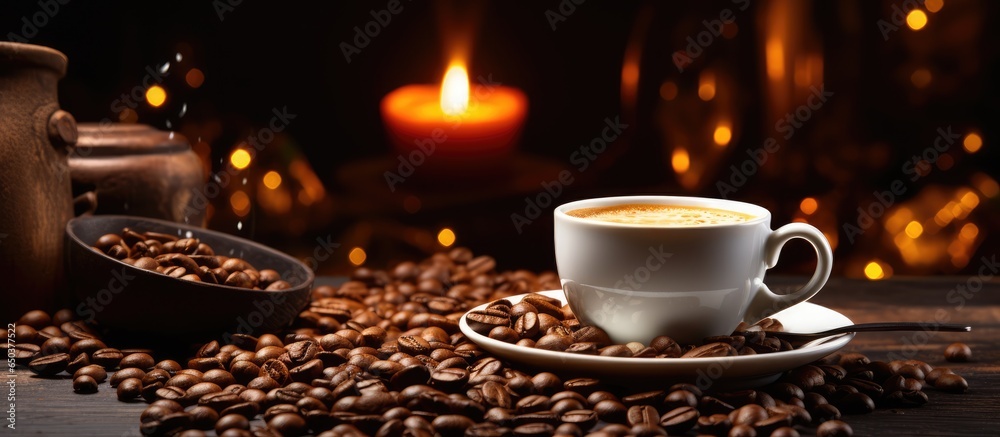 Warm inviting coffee scene with white cup beans sugar on wooden table against dark backdrop