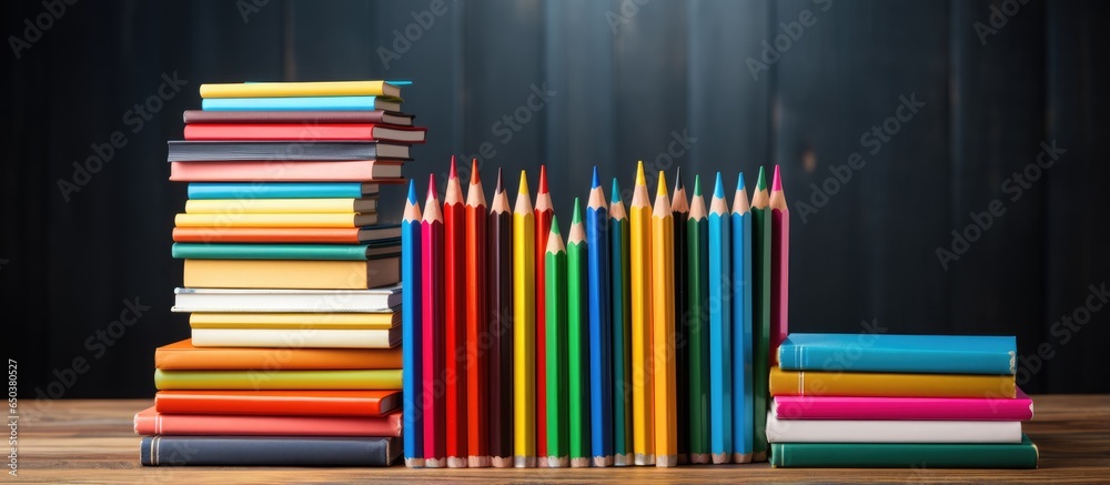 Books pencils wooden table represent business training