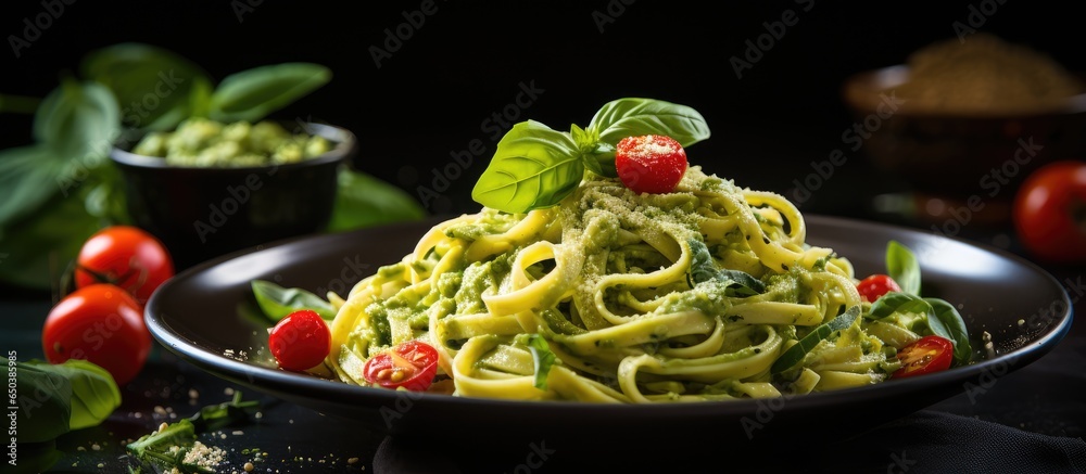 Vegan zucchini pasta with avocado dip spinach and cherry tomatoes on plate