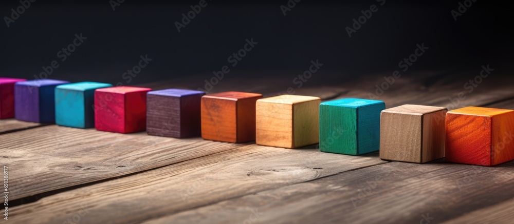 Diverse wooden blocks arranged diagonally on vintage table Ample space Blurred background