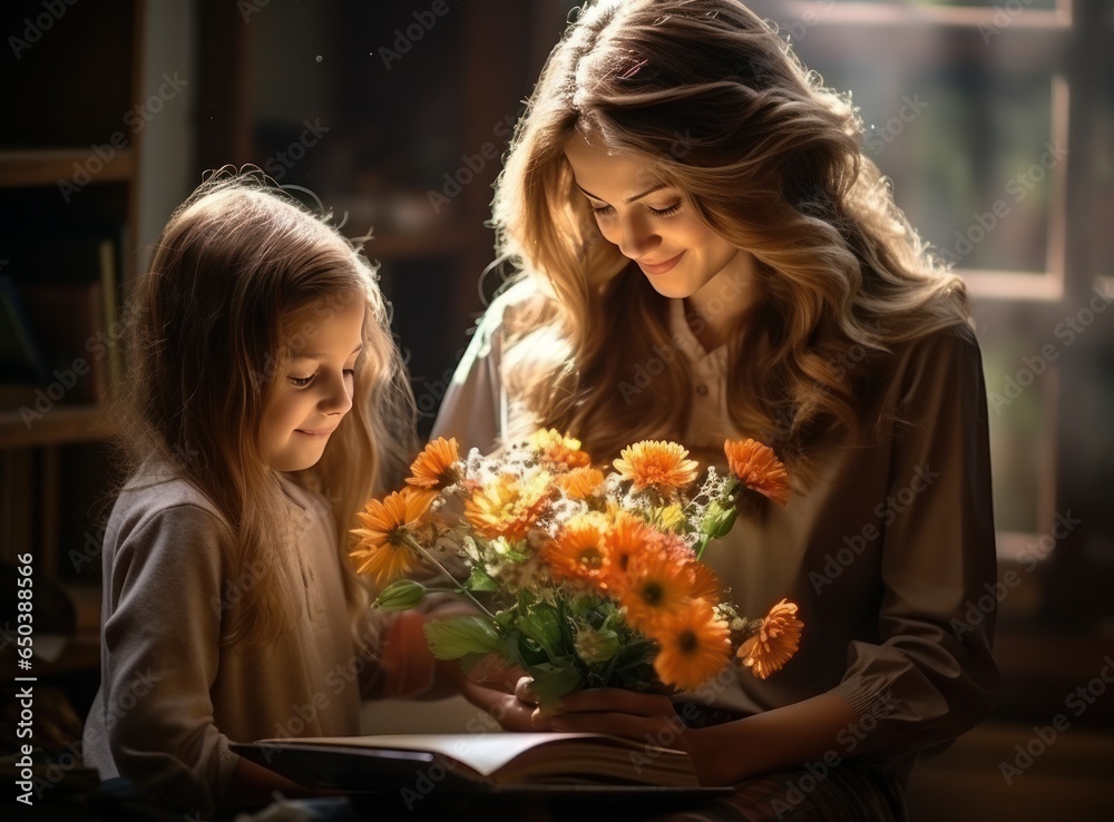 Girl giving flowers to her teacher