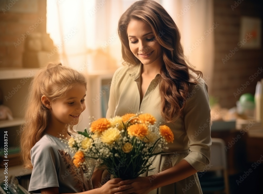 Girl giving flowers to her teacher