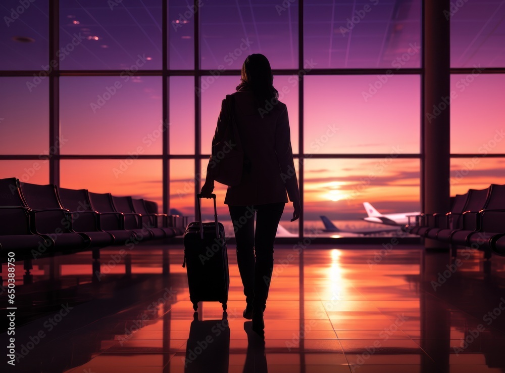 Businesswoman carrying luggage walking around with mobile phone in the airport