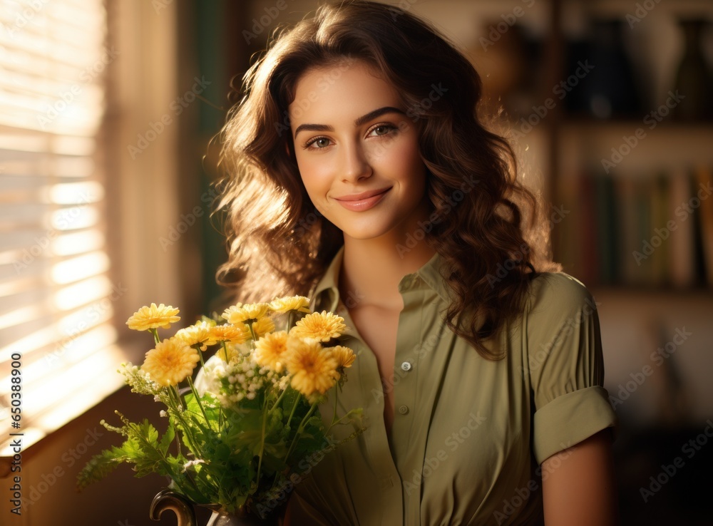 Happy beautiful teacher with flowers