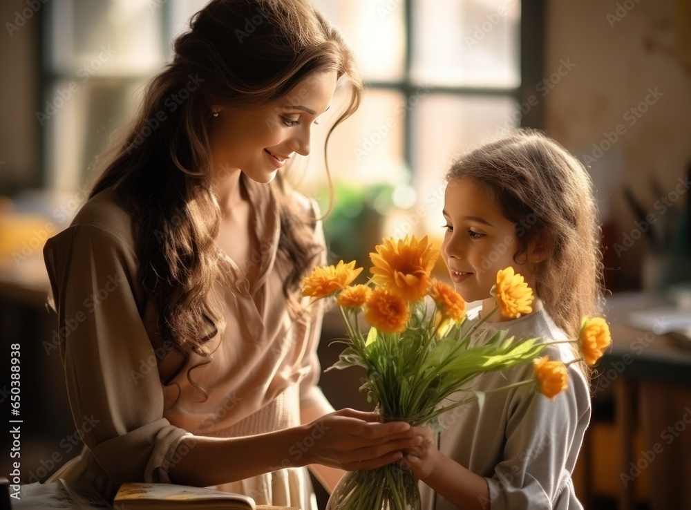 Girl giving flowers to her teacher