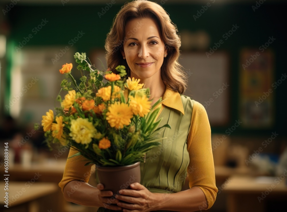 Happy beautiful teacher with flowers