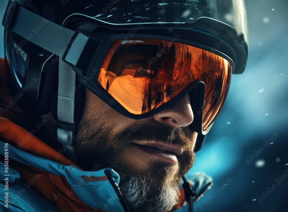 A skier wearing ski goggles and a ski helmet