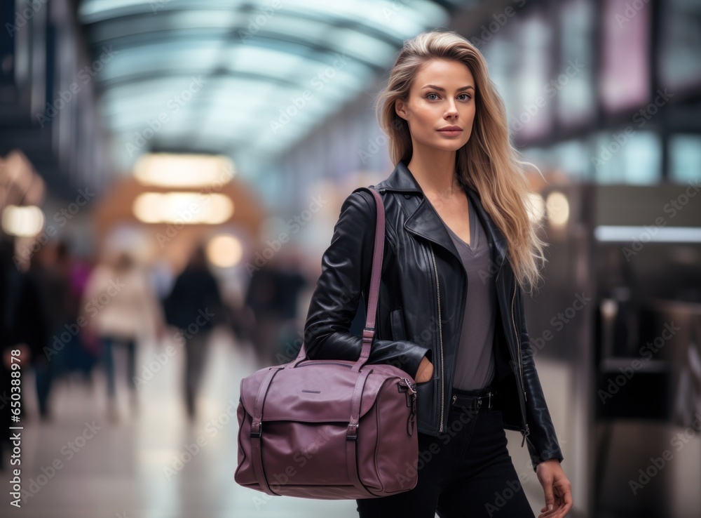 Businesswoman carrying luggage walking around with mobile phone in the airport