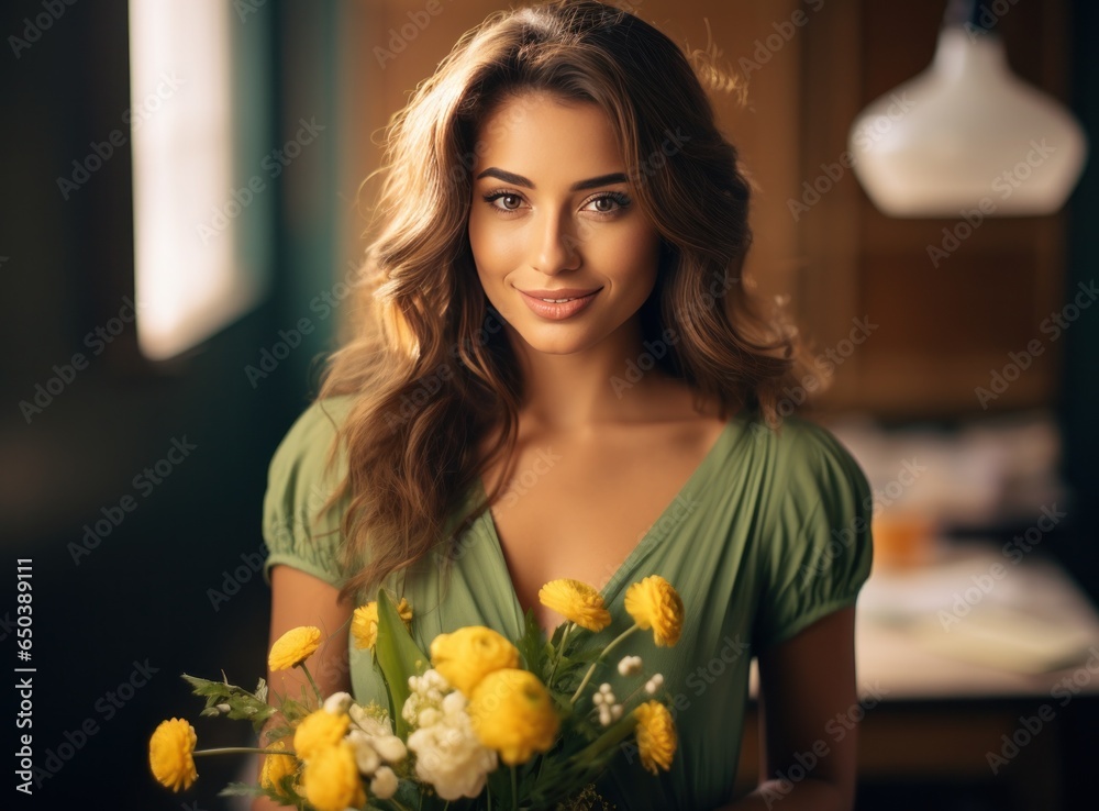 Happy beautiful teacher with flowers