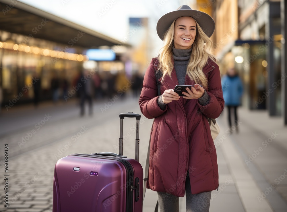 Businesswoman carrying luggage walking around with mobile phone in the airport