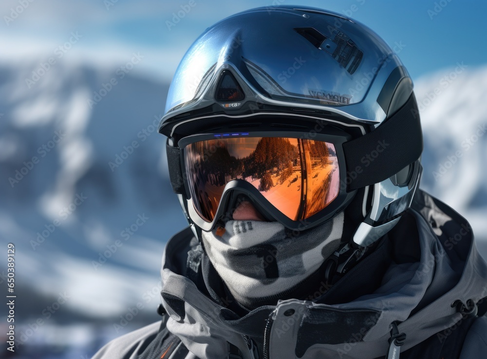 A skier wearing ski goggles and a ski helmet