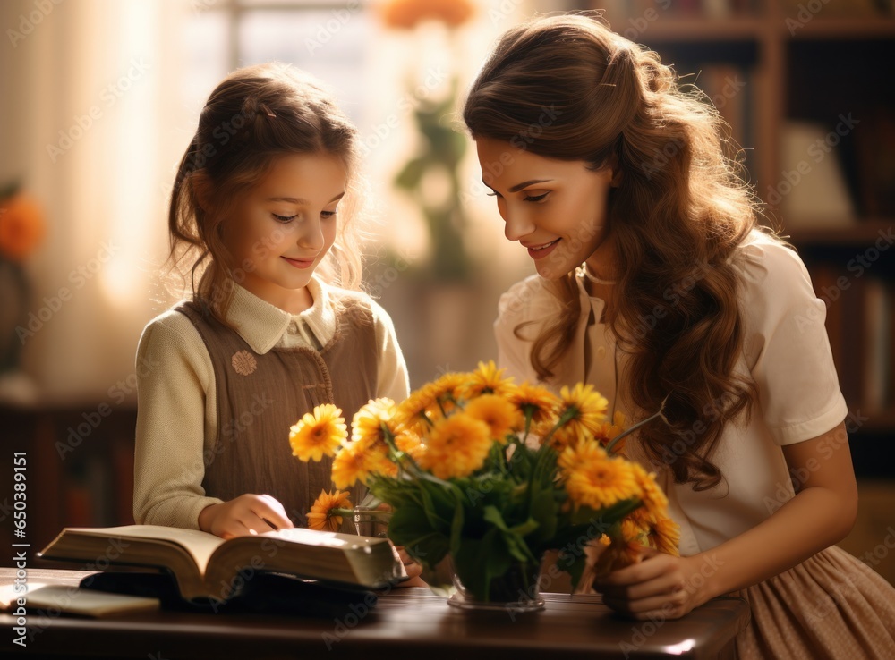 Girl giving flowers to her teacher